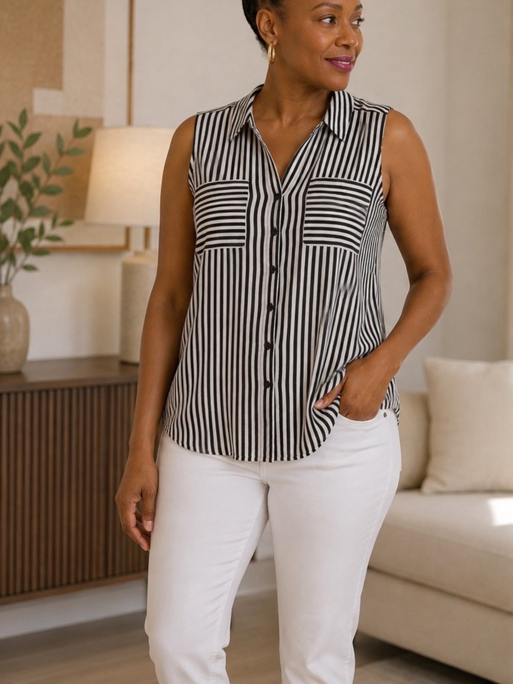 Express Portofino Black & White Striped Sleeveless Button Front Blouse Size Larg